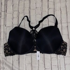 NWT- ADORE ME FRONT CLOSURE T STRAP BRA SIZE 40D black with nude sides.